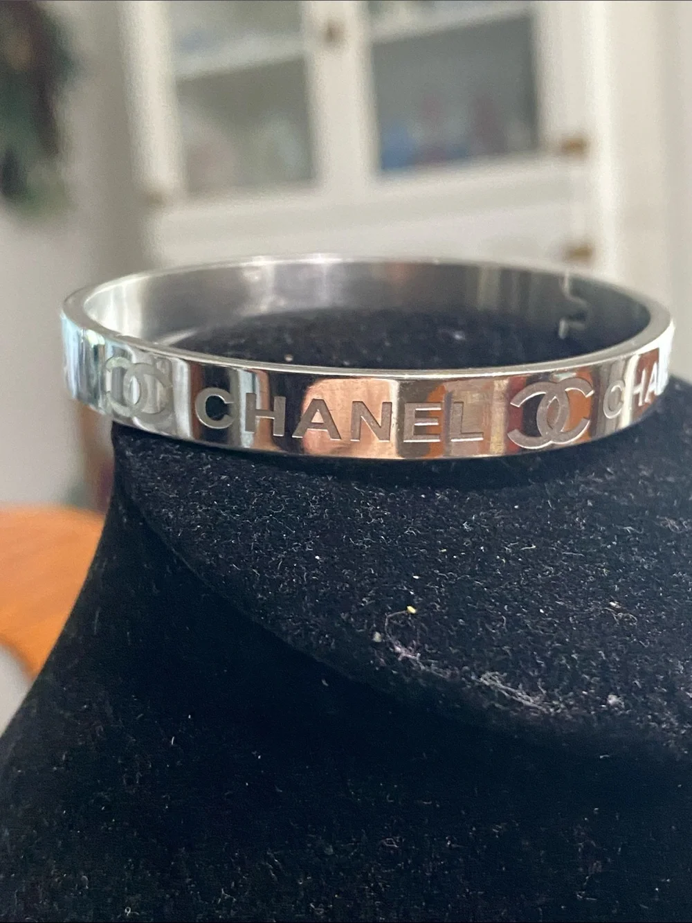 CHANEL Silver-Tone Logo Slim Bangle